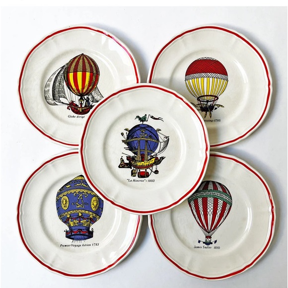 Vintage set of 6 Hand painted Ceramic Hot Air Ballon Plates Longchamp France - Picture 1 of 9